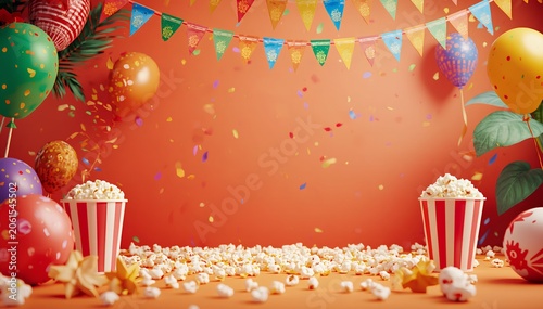 This highly vibrant and cheerful digital graphic features an energetic celebration theme set against a bright orange backdrop. The top of the scene is adorned with colorful triangular bunting flags an