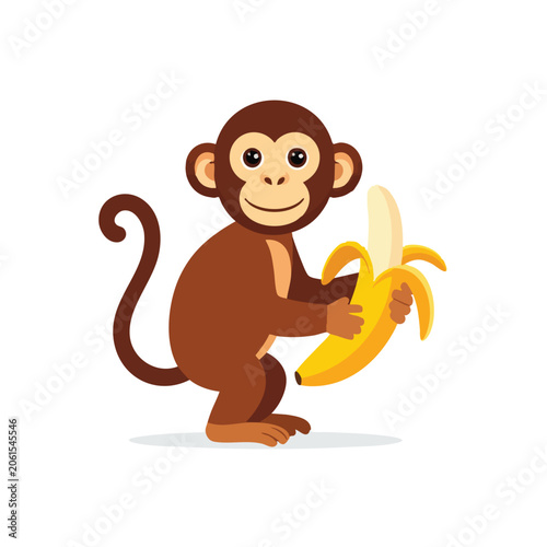 Cute cartoon monkey holding a peeled banana illustration.