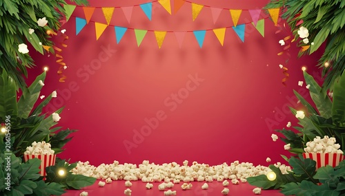 This festive and energetic digital graphic features a vibrant celebration theme with a solid dark red backdrop. The top of the scene is decorated with rows of colorful triangle bunting flags in shades