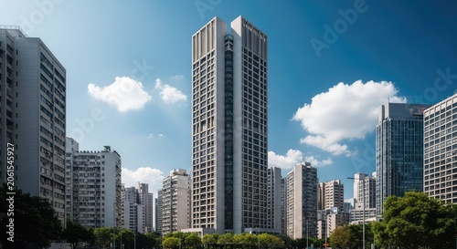 A majestic concrete building rises tall within a dense metropolitan area, highlighting minimalist architecture and sharp geometric shapes, facade, skyline, stone