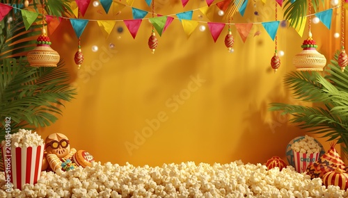 This vibrant and festive graphic design features a cheerful celebration theme with a warm yellow backdrop. The upper portion is adorned with colorful triangle bunting flags, string lights, and traditi