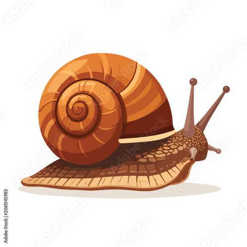 A stylized illustration of a garden snail with a brown shell.