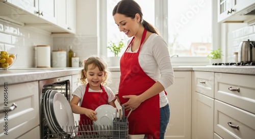 Woman and child in kitchen.