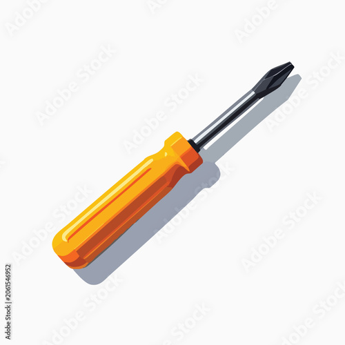 A single yellow handled screwdriver on a white background.