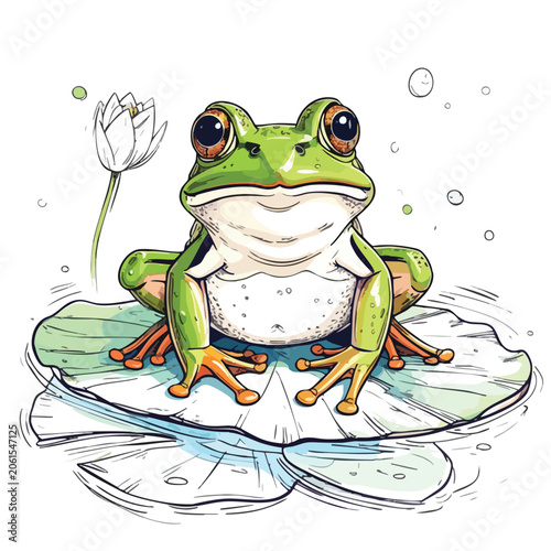 A cute green tree frog sitting on a lily pad.