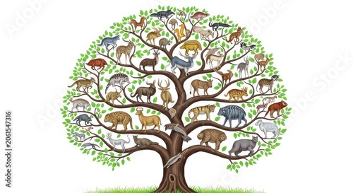 An intricate scientific illustration showing a branching tree of life with various animal species representing natural selection and growth, concept, history, educational