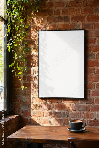 Thin black frame mockup for wall art display on rustic red brick wall in cozy coffee shop with golden morning sunlight and plant shadows