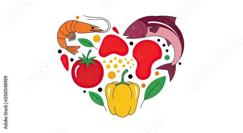 Heart shape food composition with seafood and vegetables