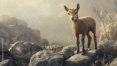 Young Goat Standing on Rocks in Soft Misty Environment