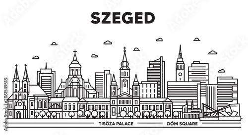 Obraz na płótnie Szeged Skyline Illustration Black and White