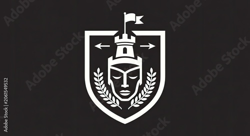 Heraldic shield crest with woman face and castle tower
