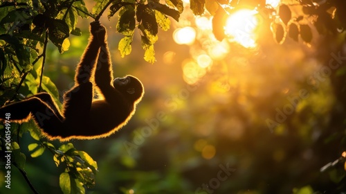 Silhouetted Monkey Hanging from Branch at Sunset in Dense Forest