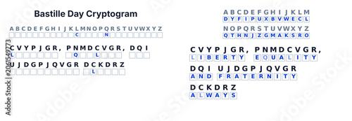 Foto Cryptogram secret code puzzle for adults, decode the message, Bastille Day theme