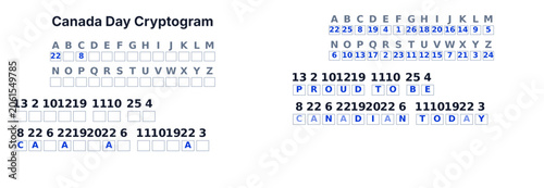 Vászonkép Cryptogram secret code puzzle for kids, decode the message, Canada Day theme, pr