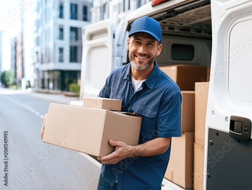 Smiling Delivery Driver Carrying Cardboard Boxes Near Cargo Van in Urban Business District