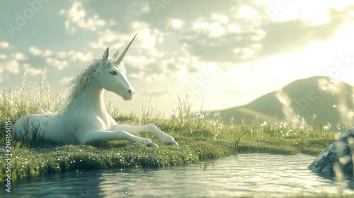 Majestic Unicorn Resting by Serene Water in Lush Green Meadow