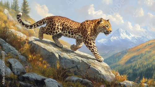 Majestic Leopard Walking Across Rocky Terrain in Scenic Landscape
