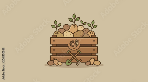 Cuadro en lienzo Organic Potato Harvest in Wooden Crate with Gardening Tools Illustration