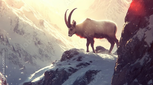 Majestic Goat Standing on Snowy Mountain Peak in Winter Landscape
