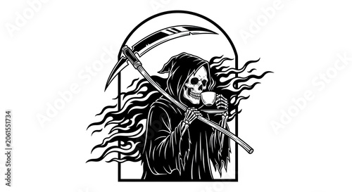 Humorous Grim Reaper drinking coffee line art illustration.