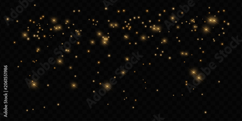 Scattered golden sparkle stars and glowing light particles isolated on transparent background.