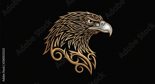 Intricate golden eagle head profile on black background.