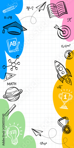 STEM education vertical frame background for mobile story with science doodles and math formulas. Cute cartoon academic elements border on graph paper grid template with copy space 