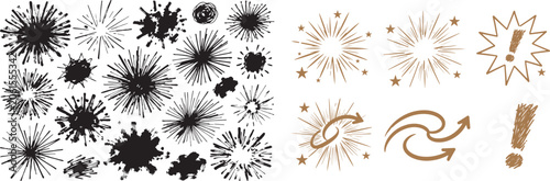 Foto Hand drawn ink sunbursts starbursts and splats with arrows and exclamation marks