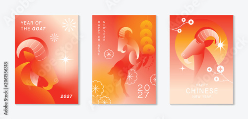 Happy Chinese new year 2027 poster vector set. Year of the Goat zodiac template with horse and Chinese lantern on orange background. Design for card, cover, social media, Happy New Year, ads.