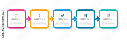Business infographic thin-line arrow process with square template design, icons, and timeline processes with 5 options, steps, or parts. Vector illustration. 