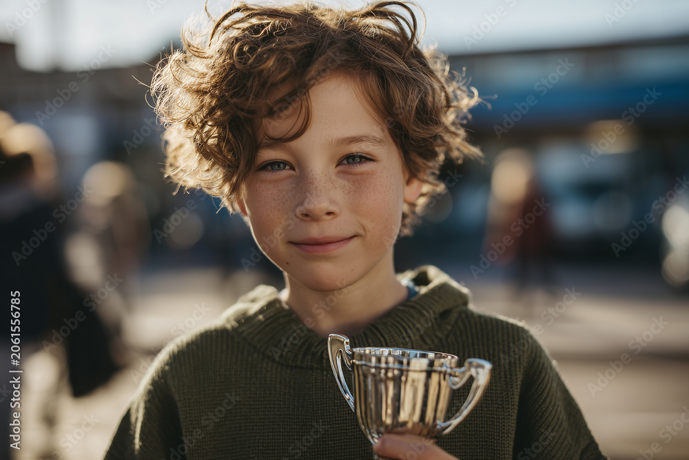 Obraz premium Happy Child Holding Winner Trophy After School Competition Achievement and Success