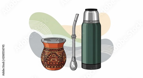 Traditional Argentine Mate Drink Setup with Thermos