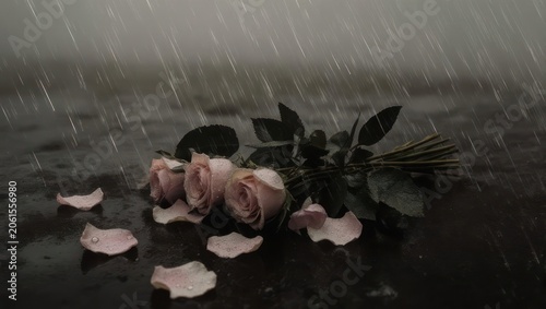 Roses, petals, and a bouquet lie on a surface under the rain, somber and melancholic