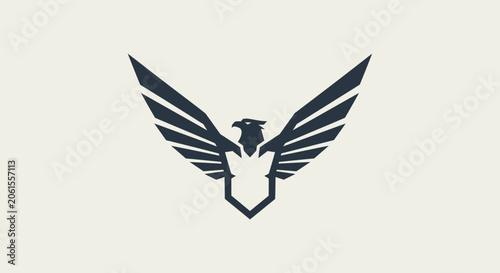 Stylized eagle or phoenix with wide-spread wings forming a shield shape, abstract geometric bird symbol, logo concept vector graphic design
