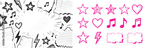 Hand drawn doodle icons set with stars hearts music notes and lightning bolts in sketchy punk rock style for creative design