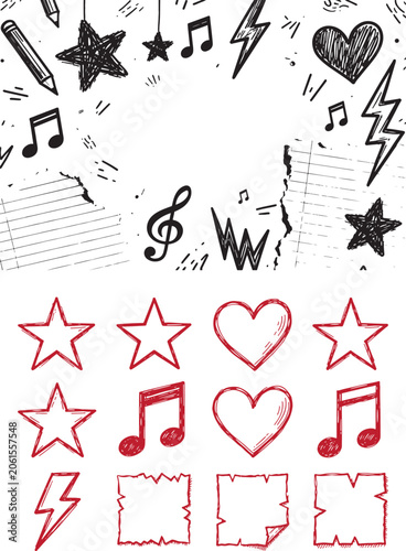Hand drawn doodle icons and elements with stars hearts music notes and lightning bolts in sketchy ink style for creative design