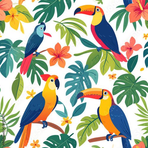 Premium tropical seamless pattern with exotic parrots