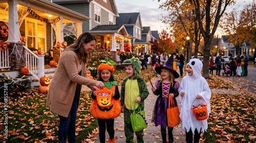 Children in Halloween costumes trick or treating on a suburban street