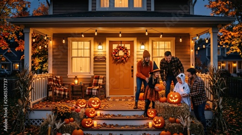 Family celebrates Halloween decorating house porch with pumpkins and lights