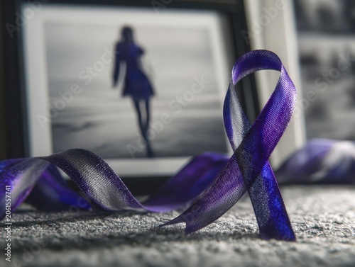 Purple Ribbon of Remembrance: A symbolic purple ribbon lies on a textured surface, in front of a framed black and white photograph of a lone figure, evoking themes of awareness, support, and memory.