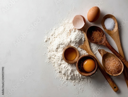 Baking Ingredients Arrangement: A still life composition showcases essential baking ingredients—flour, eggs, sugar, and spices—artfully arranged on a white surface, ready for culinary creation.