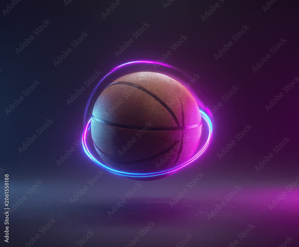 Obraz premium Basketball Orbited by Neon Ring: A basketball appears suspended in mid-air, encircled by a vibrant, glowing neon ring that transitions from electric blue to magenta.