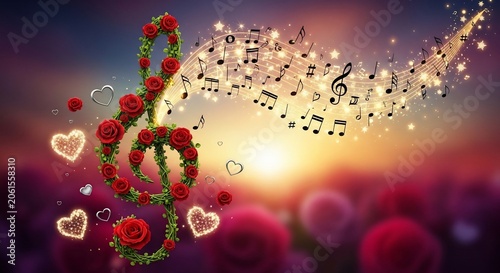 Musical notes and treble clef made of roses floating in romantic sunset