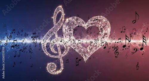 Musical notes and treble clef forming a heart on colorful background