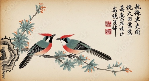 Two Birds Perched on Branch with Flowers, Traditional Chinese Illustration
