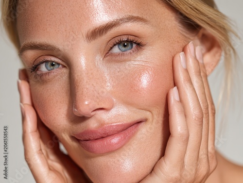 Radiant Glow: A close-up portrait of a woman with a luminous complexion, her hands gently touching her face, highlighting healthy, glowing skin and a warm smile.