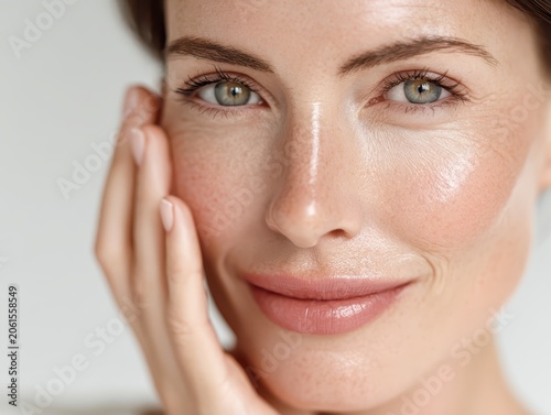 Radiant Complexion: A close-up portrait showcases a woman's clear, glowing skin, her hand gently touching her cheek, emphasizing natural beauty and healthy skin.