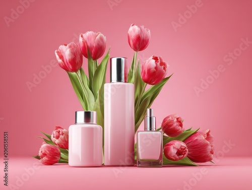 Floral Skincare Collection: A delicate arrangement of pink tulips surrounds elegant skincare bottles, suggesting natural ingredients and a touch of springtime luxury.