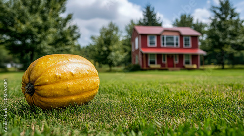 Vibrant yellow squash rests on lush green lawn in front of rustic red farmhouse under bright blue sky, perfect for autumn harvest and rural lifestyle photography themes