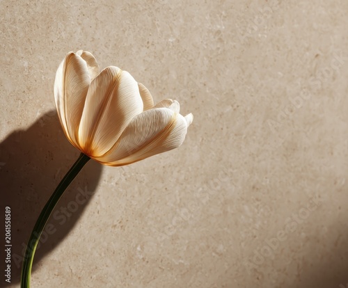 Cream Tulip Elegance: A delicate cream tulip, captured in soft light, stands tall against a textured neutral background.